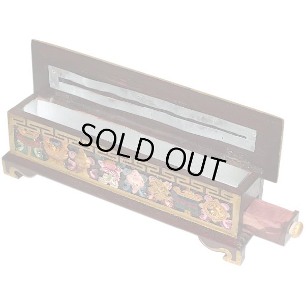 画像2: 35*8.7*12.5cm 木製 金属ライナー入 香炉灰(わら灰)付 寝かせ 横置き 香置き 香炉 お香立て アスタマンガラ 八吉祥 ハンドメイド ネパール 送850〜 (2)